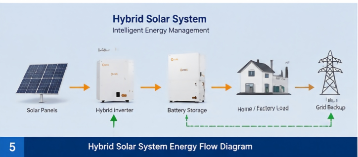 Hybrid solar system with inverter battery storage energy flow diagram
